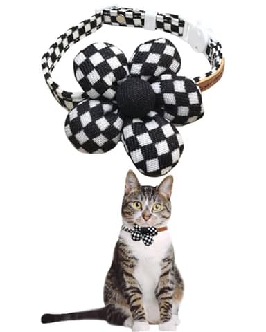 GoldTiger Stylish Black and White Checkered Cat Collar with Flower - Breakaway Safety Collar and Adjustable Size 7.09-12.6 inches for Small to Medium Cats (Black) - Image 1