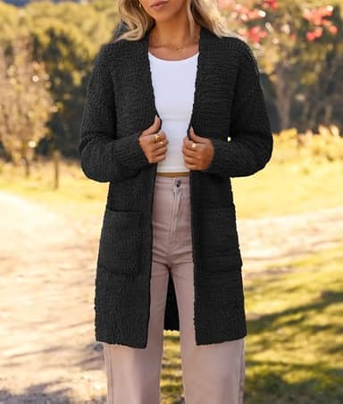 MEROKEETY Women's 2025 Winter Long Sleeve Soft Chunky Knit Sweater Open Front Cardigan Outwear Coat Black - Image 7