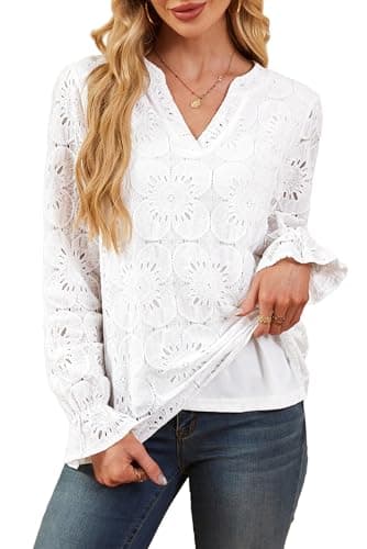 RUMIA Long Sleeve Shirts for Women Fall Fashion Clothing 2025 Eyelet Lace Tops Dressy Casual Blouses V Neck Embroidered Blouse Lining White Shirts M - Image 2