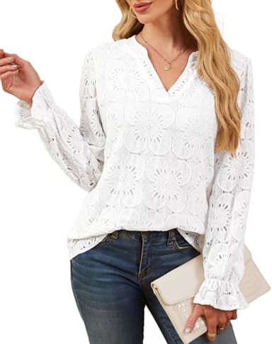 RUMIA Long Sleeve Shirts for Women Fall Fashion Clothing 2025 Eyelet Lace Tops Dressy Casual Blouses V Neck Embroidered Blouse Lining White Shirts M - Image 6