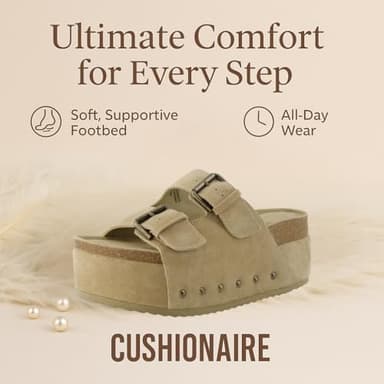 CUSHIONAIRE Guru Platform Sandals Women Footwear – Comfortable Genuine Leather Footbed Studded Chunky Slide Summer Sandals for Women 2025, KHAKI 6 - Image 3