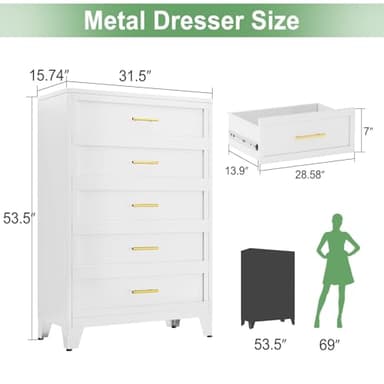 Metal Dresser Tall White Dresser for Bedroom Chest,53.54" H White Drawer Chest, Closet Dressers & Chests of Drawers for Living Room, Hallway (5 Drawers) - Image 3