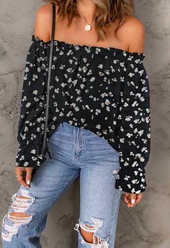 Spriolim Off Shoulder Boho Top for Women Long Sleeve Casual Shirt Ruffle Chiffon Blouses Floral Black, Large - Image 4