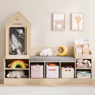 MU Kids Bookshelf with Reading Nook, Wooden Toy Storage Organizer with Chalkboard and Bench, Kids Reading Nook for Boys & Girls, Toddler Toy Shelf for Bedroom, Nursery, Playroom, Natural Oak - Image 7