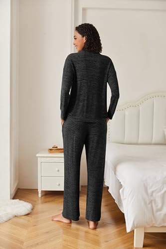 Ekouaer Womens Fall Pajamas Lounge Sets Long Sleeve Button Down Sleepwear Nightwear Soft Pjs Lounge Sets Black, Small - Image 5