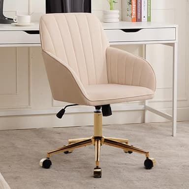 YISHENG Velvet Office Desk Chair with Gold Base, with Wheels,Modern Height Adjustable 360 Degree Swivel Upholstered Vanity Chairs with Arms for Living Room Bedroom, Beige,Khaki - Image 2