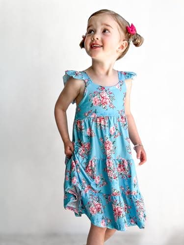 Girls Dresses Size 7 8 Sleeveless Floral Vintage Dress Swing Ruffle Sleeve Blue Sundresses for Girl - Image 4