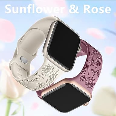SNBLK 6 Pack Floral Engraved Apple Watch Bands, Compatible with 38mm-49mm Models, Soft Silicone Material, Vivid Flower Patterns, Comfortable Fit, Water Resistant - Image 4