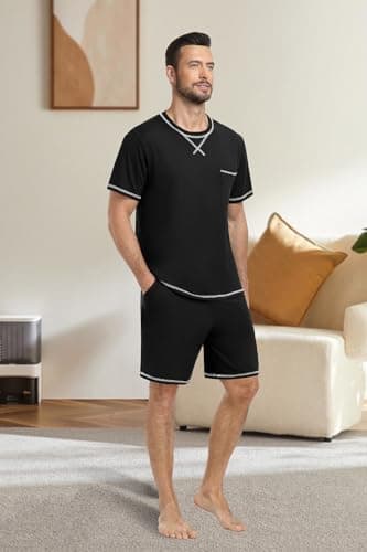 PrinStory Men's Pajamas Set Sleepwear Lightweight Short Sleeve Shirts and Shorts Soft 2 Piece Lounge Cozy Nightwear Black US L - Image 4