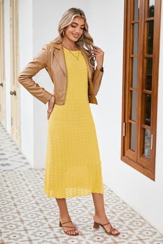 Newshows Women Summer Dresses 2025 Teacher Outfits Work Midi Boat Neck Cap Sleeve Butter Yellow Hollow Knit Modest Business Casual Elegant Classy Sweater Dress(Yellow,M) - Image 4