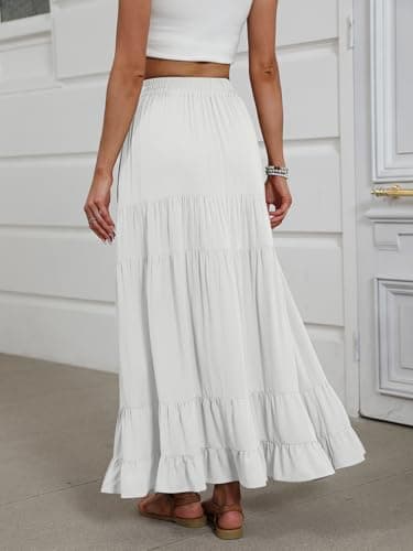 ANRABESS Womens Maxi Skirt Elastic High Waist Swing Tiered A-line Flowy Pleated Boho Beach Vacation Long Skirts White X-Large - Image 4