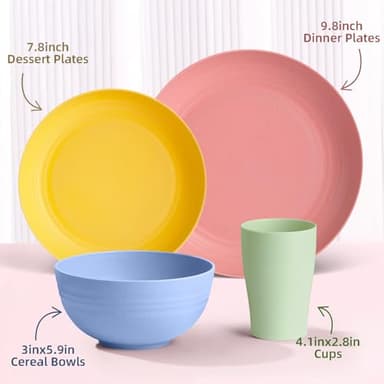 Gudvilla 32 pcs Unbreakable Lightweight Wheat Straw Dinnerware Sets for 8, Reusable Kids Plates and Bowls Sets Non Toxic, Microwave and Dishwasher Safe Plastic Dishes Set, Camping RV Picnic Dishes - Image 2