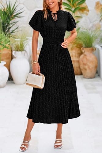 PRETTYGARDEN Womens Summer Midi Dresses Puff Short Sleeve V Neck Swiss Dot Pleated A Line Flowy Long Wedding Guest Dress (Black,Large) - Image 7