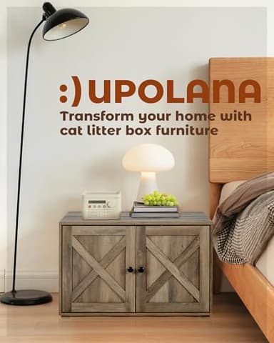 Upolana Cat Litter Box Enclosure, 32 inch Hidden Litter Box Furniture with Divider, Wooden Kitty Litter Box Cabinet End Side Table, Greige - Image 7