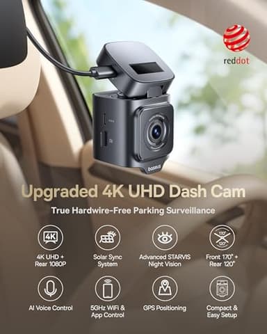 Baseus VD1 Pro Solar Dash Cam Front and Rear, 4K+1080P Dash Camera for Cars, Hardwire-Free Parking Mode, Starvis Night Vision, 32 GB Card Included, 5GHz WiFi, GPS, 170°Wide Angle,Voice Control - Image 2
