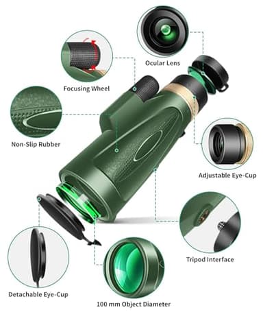 Monocular Telescope 80x100 High Power with Smartphone Adapter Tripod,Larger Vision Monoculars for Adults with BAK4 Prism & FMC Lens, Suitable for Bird Watching Hunting Hiking Camping Wildlife-Green - Image 2