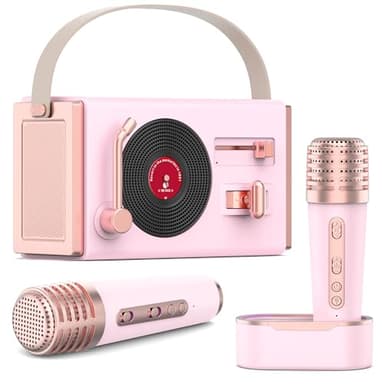 WowMoment Mini Karaoke Machine for Kids&Adults, Portable Bluetooth Speaker with 2 Wireless Microphones and Charging Pod, Stereo Sound Enhanced Bass and 5 Unique Sound, Gifts for Girls, Pink - Image 1