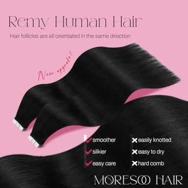Moresoo Black Tape in Hair Extensions Human Hair Seamless Hair Extensions Tape in Jet Black Extensions Human Hair Glue in Real Hair Glue in Human Hair 22 Inch #1 20pcs 50g - Image 2