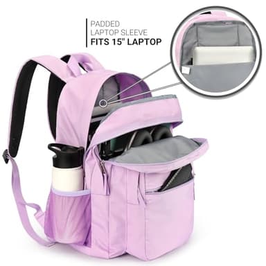 ZORFIN 26L Backpack for School, College, and Travel: Water Resistant Bookbag with 8 Compartments - Light Purple - Image 4