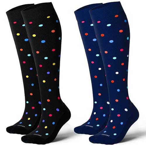 LEVSOX Cotton Compression Socks for Women&Men 20-30 mmHg Knee High Cute Fun Crazy Support Sock for Nurses, Travel and Flight, Pregnancy, 2 Pairs, Black and Navy Blue Polkadot - Image 1