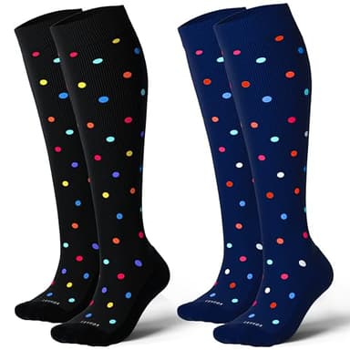 LEVSOX Cotton Compression Socks for Women&Men 20-30 mmHg Knee High Cute Fun Crazy Support Sock for Nurses, Travel and Flight, Pregnancy, 2 Pairs, Black and Navy Blue Polkadot - Image 1