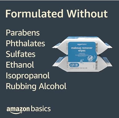 Amazon Basics Makeup Remover Wipes, Fragrance- and Alcohol-Free, Gentle Cleansing, Removes Waterproof Mascara, Dermatologist Tested, 25 Count, Pack of 2 (Previously Solimo) - Image 4
