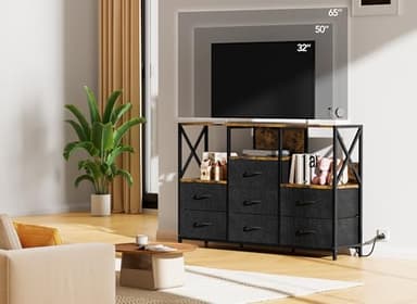 Decofy Black Dresser for Bedroom, 55 inch TV Stand with Charging Station & LED Lights, 8 Fabric Drawers with Solid Wood Top for Living Room, Closet - Image 2
