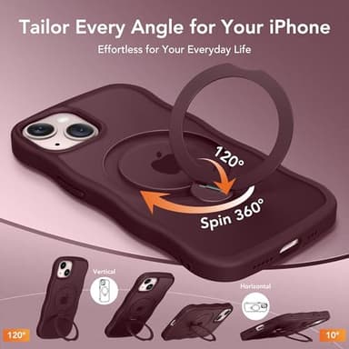 for iPhone 13 Case & iPhone 14 Case for Women,[Compatible with Magsafe][360° Spin Magnetic Stand][Cute Wave Edge][Military-Grade Protection]Translucent Matte Phone case for iPhone 13/14, Burgundy - Image 4