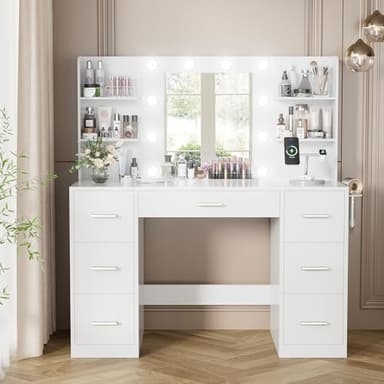 YESHOMY Vanity Desk with Mirror, Power Outlet and 10 Lights, Makeup Table with 7 Drawers, 3 Color Modes Available for Bedroom, Pure White - Image 2