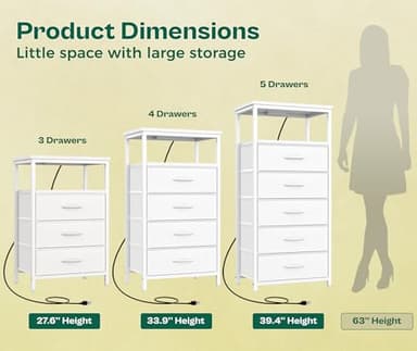 Huuger White Dresser with 5 Drawers & Charging Station, Tall Dresser for Bedroom, Tall Night Stand with PU Leather Finish, Open Shelf, Nightstand for Bedroom, Closet, Hallway, Entryway - Image 4