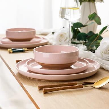 AmorArc Ceramic Dinnerware Sets for 4, 12 Pieces Handpainted Plates and Bowls Set with Rustic Terracotta Underside, Scratch Resistant Stoneware Dishes Set, Dishwasher & Microwave Safe, Cloud Pink - Image 4
