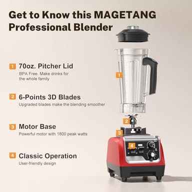 MAGETANG Smoothie Blender 1800W Powerful Blenders for Kitchen 70 Oz Large Capacity and BPA-Free Containers with To-Go Cup Countertop Blender for Smoothies, Ice Crushing & Frozen Drinks Red - Image 7
