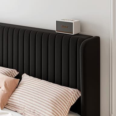 SHA CERLIN Queen Size Velvet Bed Frame with Vertical Channel Tufted Wingback Headboard, Upholstered Platform Bed with Wood Slats, No Box Spring Needed, Easy Assembly, Black - Image 6