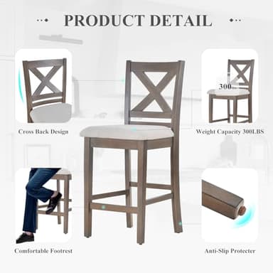 Upholstered Counter Height Bar Stools Set of 4, Modern Kitchen Island Barstools Chairs with Cross Back and Wood Legs for Dining Room Bar, Light Brown Wash - Image 4