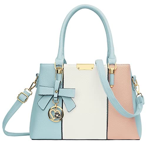 KKXIU 3 Zippered Compartments Purses and Handbags for Women Top Handle Satchel Shoulder Ladies Bags (A-Blue White Pink) - Image 1