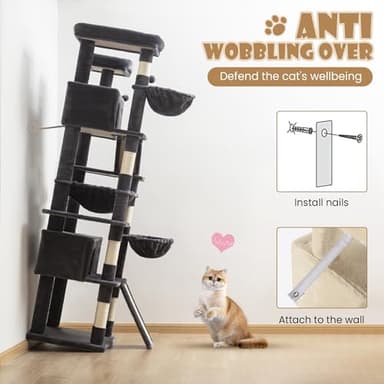 SHA CERLIN 81in Multi-Level Tall Cat Tree Tower for Indoor Kitties/Larger Cat Condo Furniture with Hammock/Cozy Pussycat Perches/Sisal Scratching Posts/Pet House/Wide Base/Dark Grey - Image 8