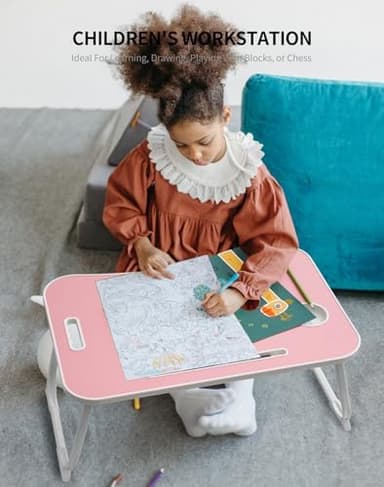 ZEAPTAC Laptop Bed Desk, Foldable Lap Desk, Portable Lap Table, Laptop Stand with Cup Holder & Tablet Slot & Lifting Handle for Working Writing Drawing & Eating - Pink - Image 5