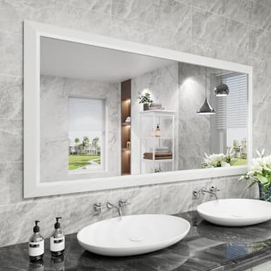 Amorho Bathroom Mirror, 60 X30 Inch White Thick Metal Framed Wall Mirrors for Over 2 Sinks, Bedroom, Living Room, Entryway, Large Rectangle Wall-Mounted Mirrors. - Image 1