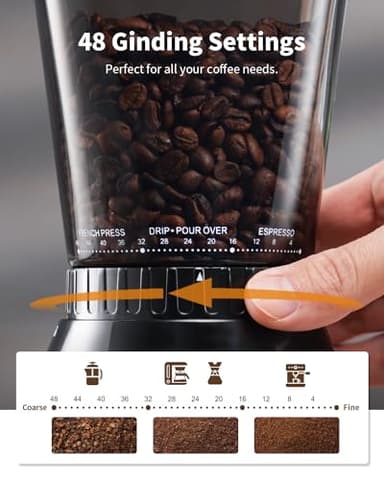 SHARDOR Professional Conical Burr Coffee Grinder, Coffee Bean Grinder with 48 Grind Settings for Espresso, Drip & French Press, Upgraded Anti-Static Technology, Precision Timer, Black - Image 4