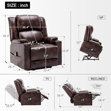 COMHOMA Power Lift Recliner for Elderly,Lift Chair with Heat and Massage,PU Recliner Sofa with Timing Function 2 Side Pockets,Cup Holders and Infinite Position for Living Room (Brown) - Image 2