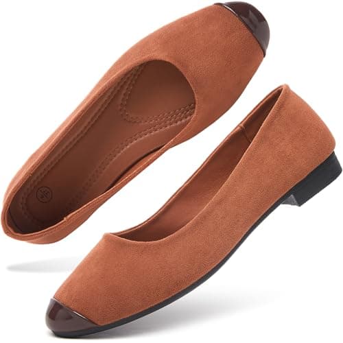 hash bubbie Women's Flats Shoes Ballet Flats Womens Round Toe Memory Foam Comfortable Dress Shoes Faux Suede Slip on Loafers for Women（Brown.US8） - Image 1