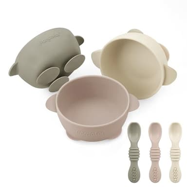 PandaEar 3 Pack Silicone Suction Baby Bowls & 3 Baby Feeding Spoons | Non-Slip Stay Put Bowls & Soft Silicone First Stage Spoons for Toddlers, BPA-Free Baby Led Weaning Set (Linen Brown Tan) - Image 1