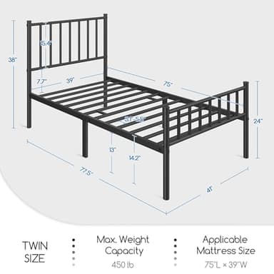 Yaheetech Twin Bed Frame Metal Platform Bed Frame Mattress Foundation with Spindle Headboard & Footboard/No Box Spring Needed/14 Inch Underbed Storage/Firm Support & Easy Set up Structure, Black - Image 2