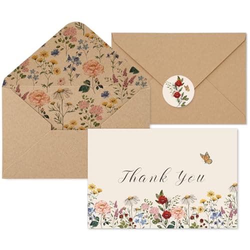 JarThenaAMCS Wildflower Thank You Cards Vintage Flower Greeting Cards Floral Blank Note Cards with Kraft Envelope Sticker for Birthday Wedding Bridal Shower, 4 x 6 Inch, 20 Pack - Image 1