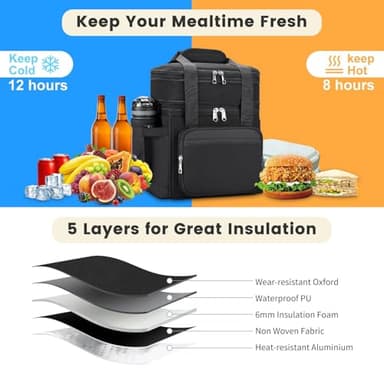 Insulated Lunch Bag & Lunch Box for Men - Double Deck Reusable Lunch Bag for Women Tote Cooler Bag Leakproof Soft Expandable - Large Lunchbox for Work/Adult/Picnic/Outdoor (Black，15L) - Image 6