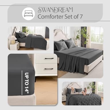 Swandream Queen Bedding Comforter Set- Luxury Spandex Jacquard 7 Pieces Bed in a Bag, Lightweight Comforter with 1 Fitted Sheet, 1 Flat Sheet, 2 Pillowshams & 2 Pillowcases, Dark Grey - Image 6