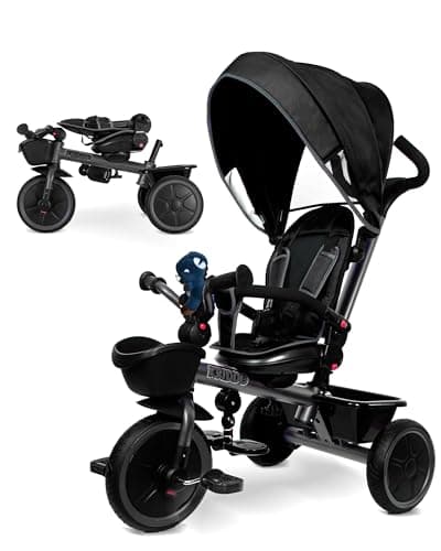 KRIDDO 7-in-1 Tricycle Stroller for Toddlers 18 Months to 5 Years, Adjustable Push Handle, Rotatable Seat, Cup Holder and Retractable Canopy, Folding Baby Trike w/Detachable Guardrail, Footrest, GY - Image 1
