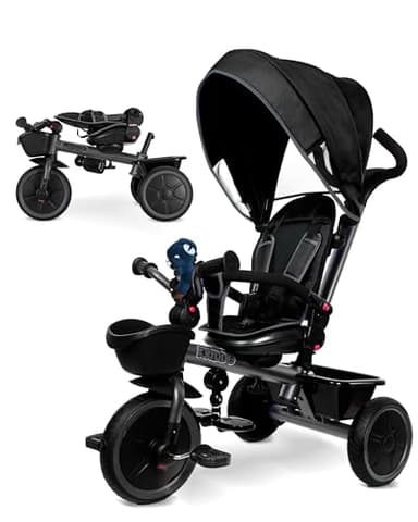 KRIDDO 7-in-1 Tricycle Stroller for Toddlers 18 Months to 5 Years, Adjustable Push Handle, Rotatable Seat, Cup Holder and Retractable Canopy, Folding Baby Trike w/Detachable Guardrail, Footrest, GY - Image 1