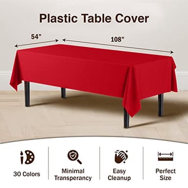 Party Solids 6-Pack Premium Plastic Tablecloth 54in. x 108in. Rectangle Plastic Table Cover - Red - Image 3