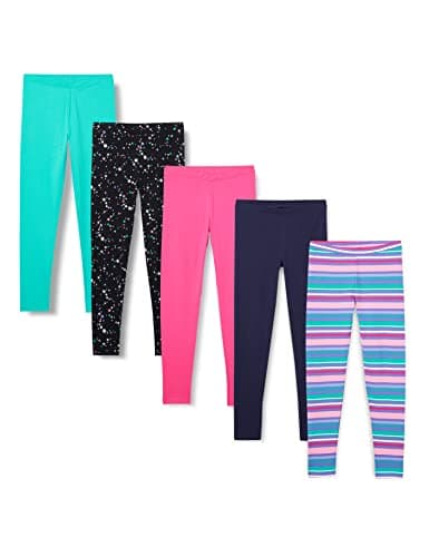 Amazon Essentials Girls' Leggings, Pack of 5, Aqua Green/Black Stars/Navy/Pink/Stripe, X-Large - Image 1